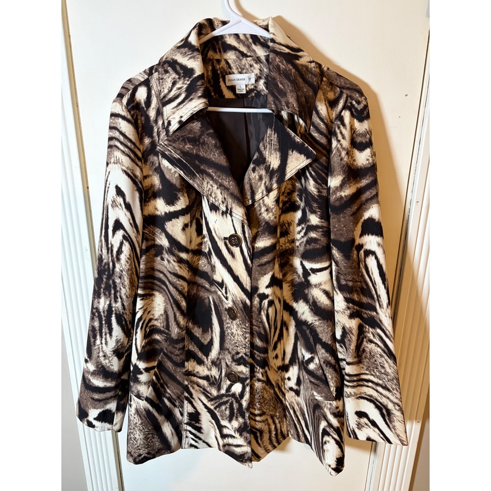 Susan Graver Womens Animal Print Button Front Lined Blazer Jacket Brown Large